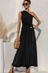 Solid Color Skew Neck Stringy Selvedge Maxi Dress