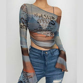 Sheer mesh see through off shoulder flared sleeve irregular contrast crop top