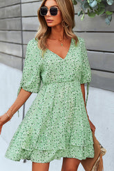 Floral Print Elastic Waist V Neck Mini Dress