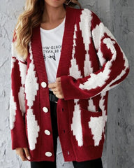 V-neck Single-breasted Contrast Color Argyle Pattern Cardigan Sweater