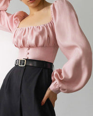 Square Collar Puff Sleeve Shirred Frill Shirts Crop Tops