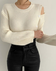 Stripe Button Strapless Splicing Knit Sweater