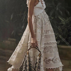 White Hollow Lace Embroidery Ball Tassel Stitching Irregular Strap Floral Maxi Dresses