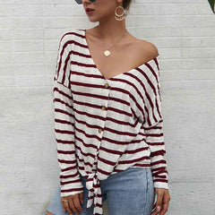 Women V-Collar Single Breasted Stripe Long Sleeve Sweater Cardigan Shirt