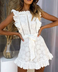 White Embroidered Lace Flower Seeveless Bodycon Mini Dresses