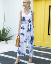 Tie Dye Single-breasted Drawstring Jumpsuit V-neck Printed Rompers