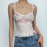 Sheer mesh see through flower print sleeveless lace hem crop top