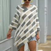 Tassel Fringed Pullover V-neck Collar Plaid Sweater Cloak Shawl Cape