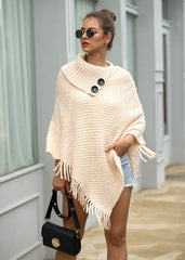 Tassel Fringed Cloak Shawl Button Collar Pullover Sweater Cape