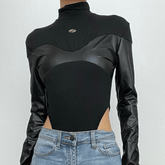 Patchwork high neck long sleeve PU leather bodysuit