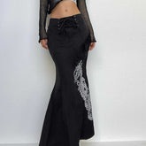 Dragon pattern lace up contrast lace hem maxi skirt