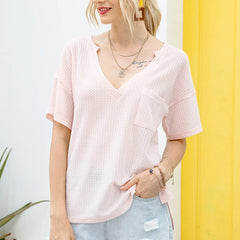 Waffle V-neck Casual Blouses Pocket T-shirt