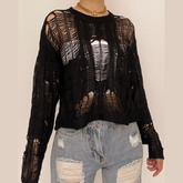 Solid hollow out crochet long sleeve round neck cut out top