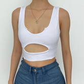 Double layered U neck low cut hollow out solid crop cut out top