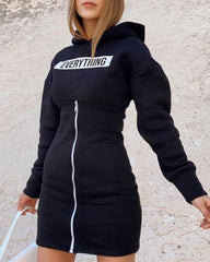 Zipper Round Neck Hoodies Sweatshirts Printed Mini Dresses