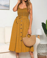 Suspenders Polka Dot Elastic Waist Single-breasted Maxi Dresses