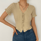 Short sleeve ribbed ruffled buttoned crop top