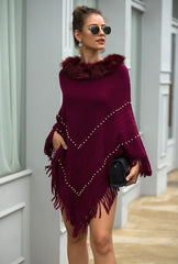 Tassel Fringed Pullover Bead Fur Collar Sweater Cloak Shawl Cape