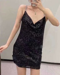 V-neck Sequins Backless Party Mini Dresses