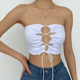 Double layered hollow out self tie backless solid lace up halter cut out top