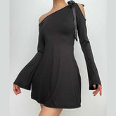 Self tie irregular one shoulder long sleeve solid mini dress