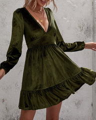 V-neck Velvet Ruffled Puff Sleeve Skater Party Mini Dresses