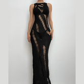 Crochet solid hollow out sleeveless irregular maxi dress