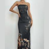 Slit abstract contrast bustier backless tube maxi dress