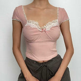 Cap sleeve lace hem textured contrast crop top