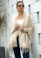 Tassel Fringed Cloak Shawl Fur Collar Sweater Cape Cardigans
