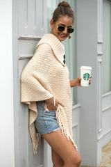 Tassel Fringed Cloak Shawl Button Collar Pullover Sweater Cape
