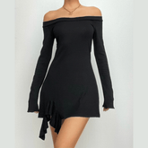 Ruffle solid long sleeve irregular off shoulder mini dress