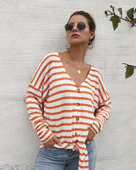 Women V-Collar Single Breasted Stripe Long Sleeve Sweater Cardigan Shirt