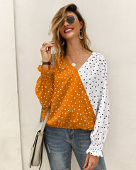 V Neck Polka Dot Splicing Bell Sleeve Shirt
