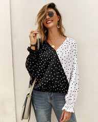 V Neck Polka Dot Splicing Bell Sleeve Shirt