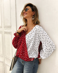 V Neck Polka Dot Splicing Bell Sleeve Shirt