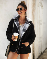 Women High Collar Button Plush Coat