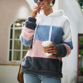 Women Contrast Color Hooded Plush Sweatshirt