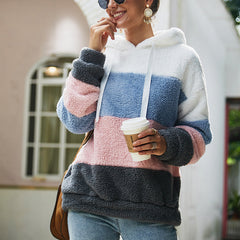 Women Contrast Color Hooded Plush Sweatshirt
