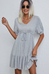 V Neck Drawstring Waist Solid Casual Mini Dress