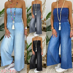 Tube Top Strapless Elastic Waist Slit Leg Denim Jumpsuit
