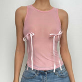Sheer mesh see through bowknot sleeveless crewneck top