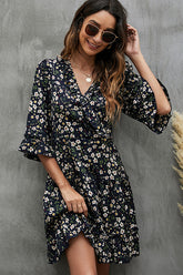 V Neck Half Sleeve Floral Print Mini Dress