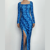 Lace up backless long sleeve slit ruched contrast print maxi dress