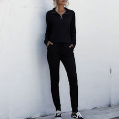 Stand Collar Zipper Two-piece Sports Suit Lace-up Pant