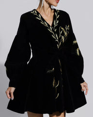 Velvet Wheat Embroidery Mini Dresses