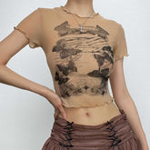 Butterfly pattern sheer mesh see through short sleeve crop top