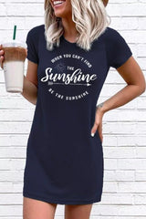 O Neck Print Dark Blue Mini Dress