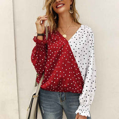 V Neck Polka Dot Splicing Bell Sleeve Shirt