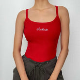 Square neck embroidery solid ribbed bodysuit